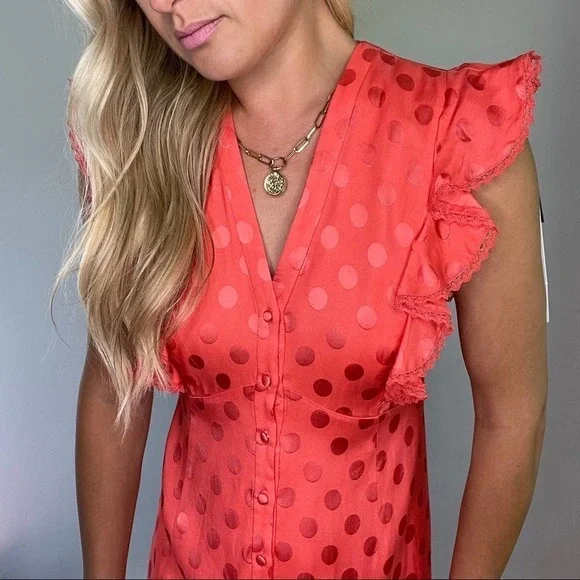 Three Floor Euphoric Coral Red Polka Dot Dress